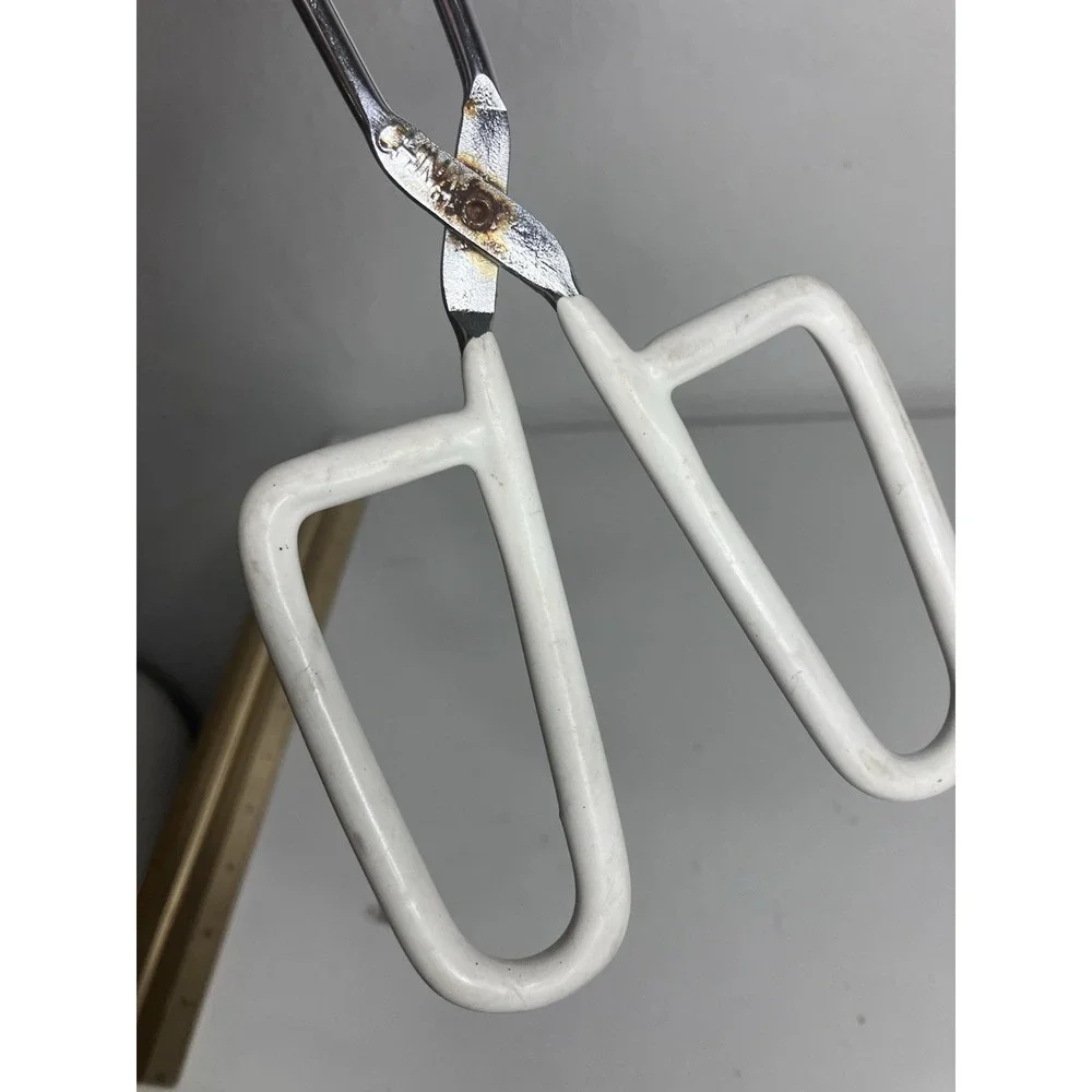 Vintage Ekco Scissor Tongs White Vinyl Coated Handles Chrome Plated Serving Tool